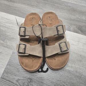George Taupe Double-Buckle Slide Sandals